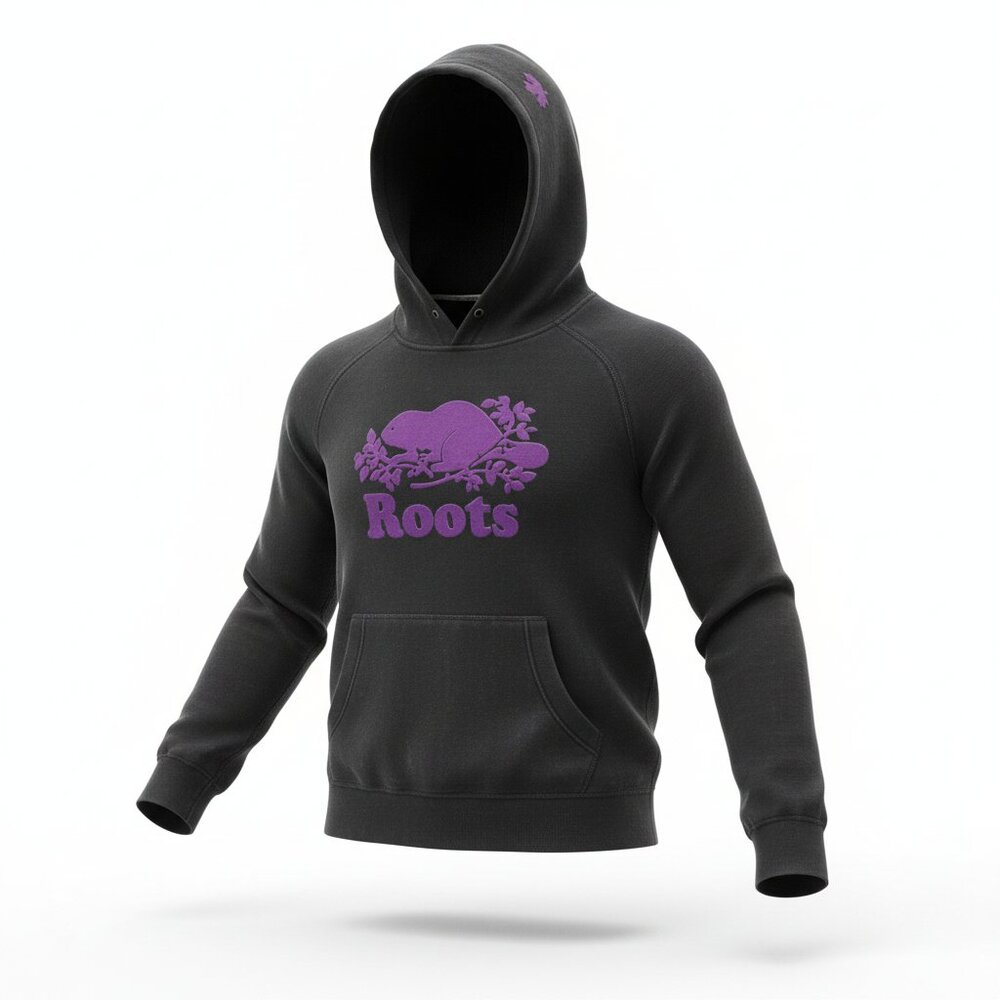 ROOTS Black Pull Over Hoodie Purple Felt Beaver Logo Kangaroo Pocket Size Medium